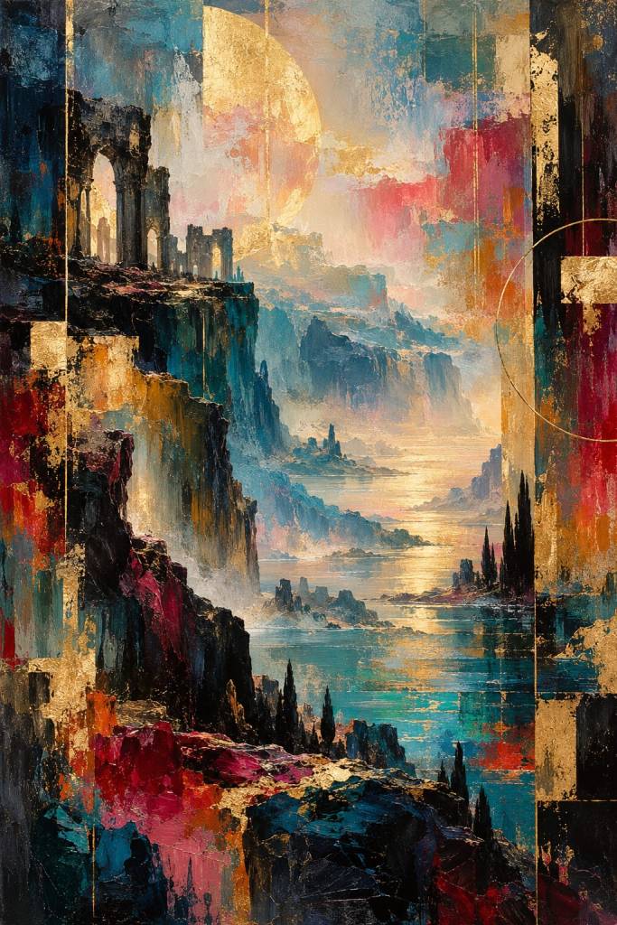 Abstract coastal landscape with ancient ruins, golden moon, cliffs, and sea
